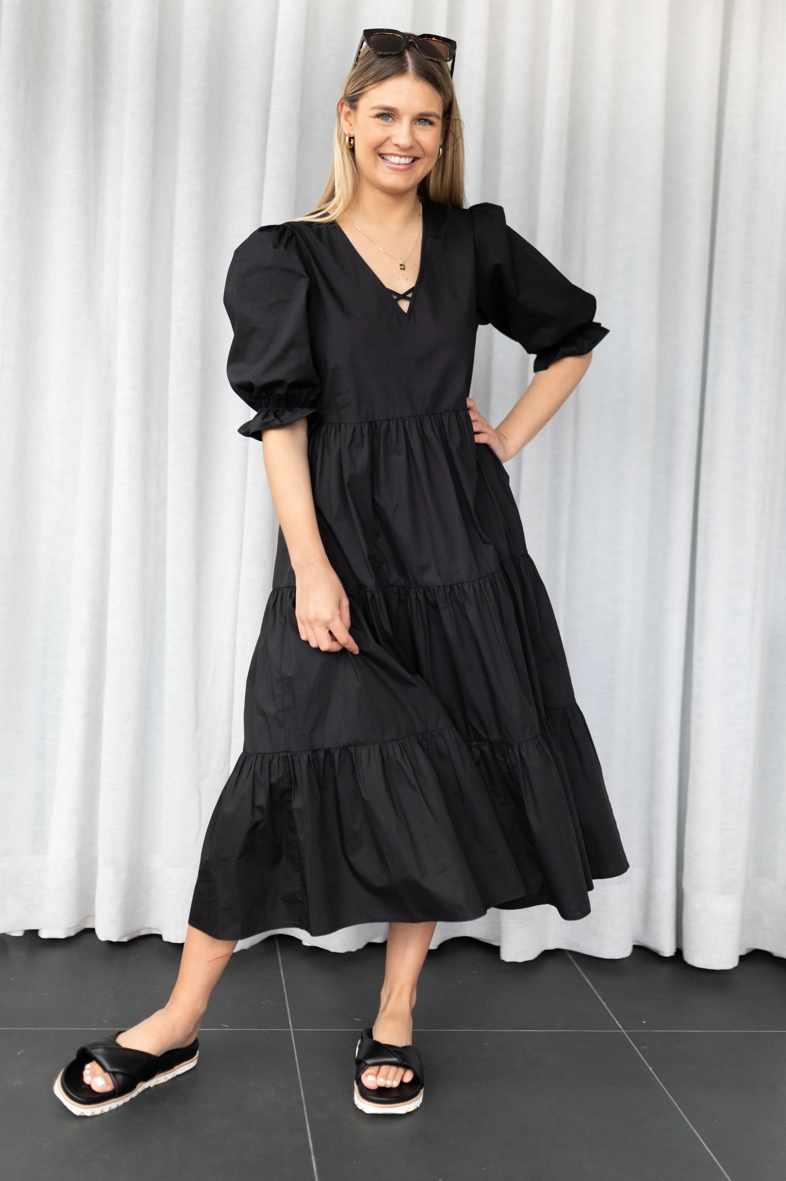 True Love Black Cotton V Neck SS Puff Sleeve Tiered Maxi Dress