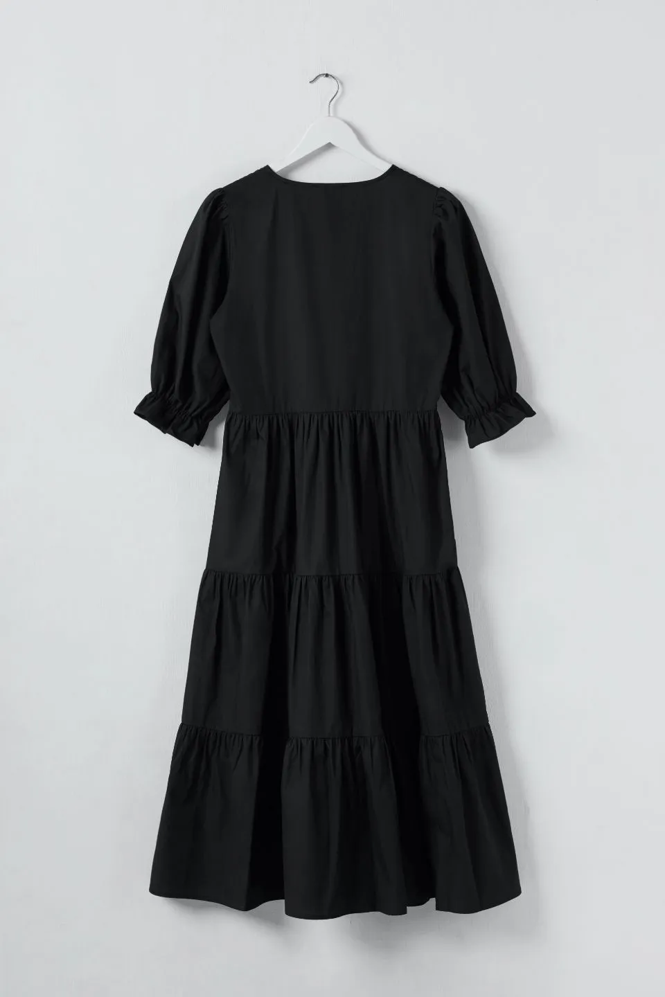 True Love Black Cotton V Neck SS Puff Sleeve Tiered Maxi Dress