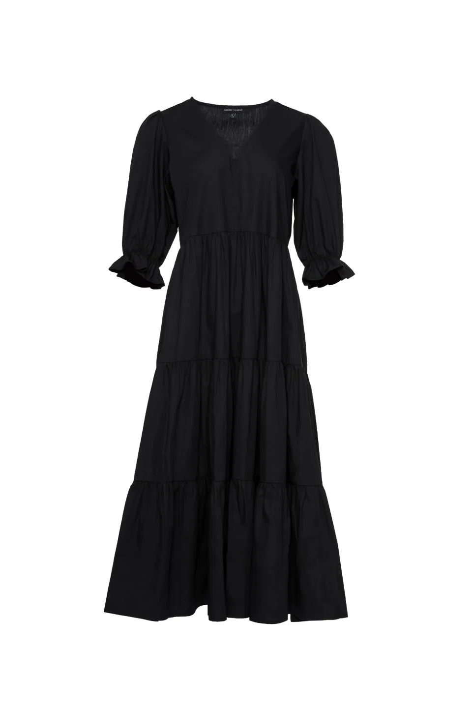 True Love Black Cotton V Neck SS Puff Sleeve Tiered Maxi Dress