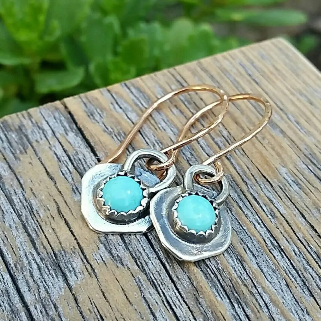 Turquoise Dangle Earrings, Sterling Silver And Gold Mixed Metal, Rustic Cowgirl Southwest Boho style Jewelry