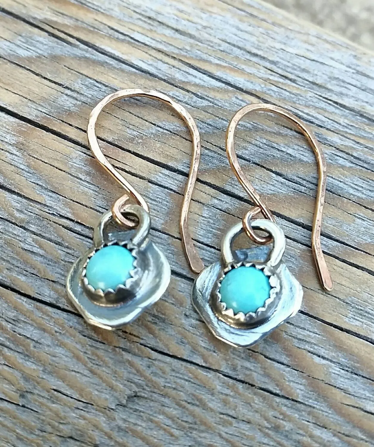 Turquoise Dangle Earrings, Sterling Silver And Gold Mixed Metal, Rustic Cowgirl Southwest Boho style Jewelry