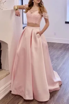 Elegant Blush Pink Two-Piece Off-the-Shoulder Prom Dress with Pockets | Long Lace Gown STK15445