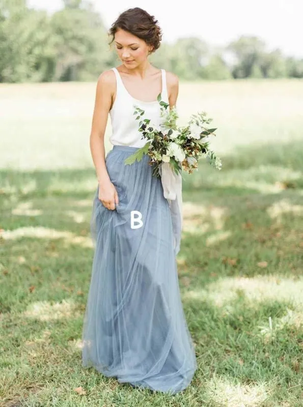 Two Piece Scoop Sweep Train Light Blue Tulle Bridesmaid Dress