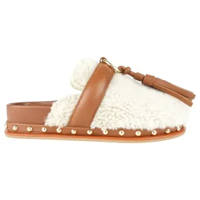 Ulla Johnson Brown Leather and Shearling Studded Platform Mule Slippers - 37