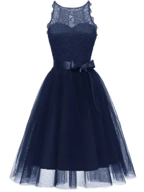 [US Warehouse] Blue 1950s Lace Belted Bow Swing Dress