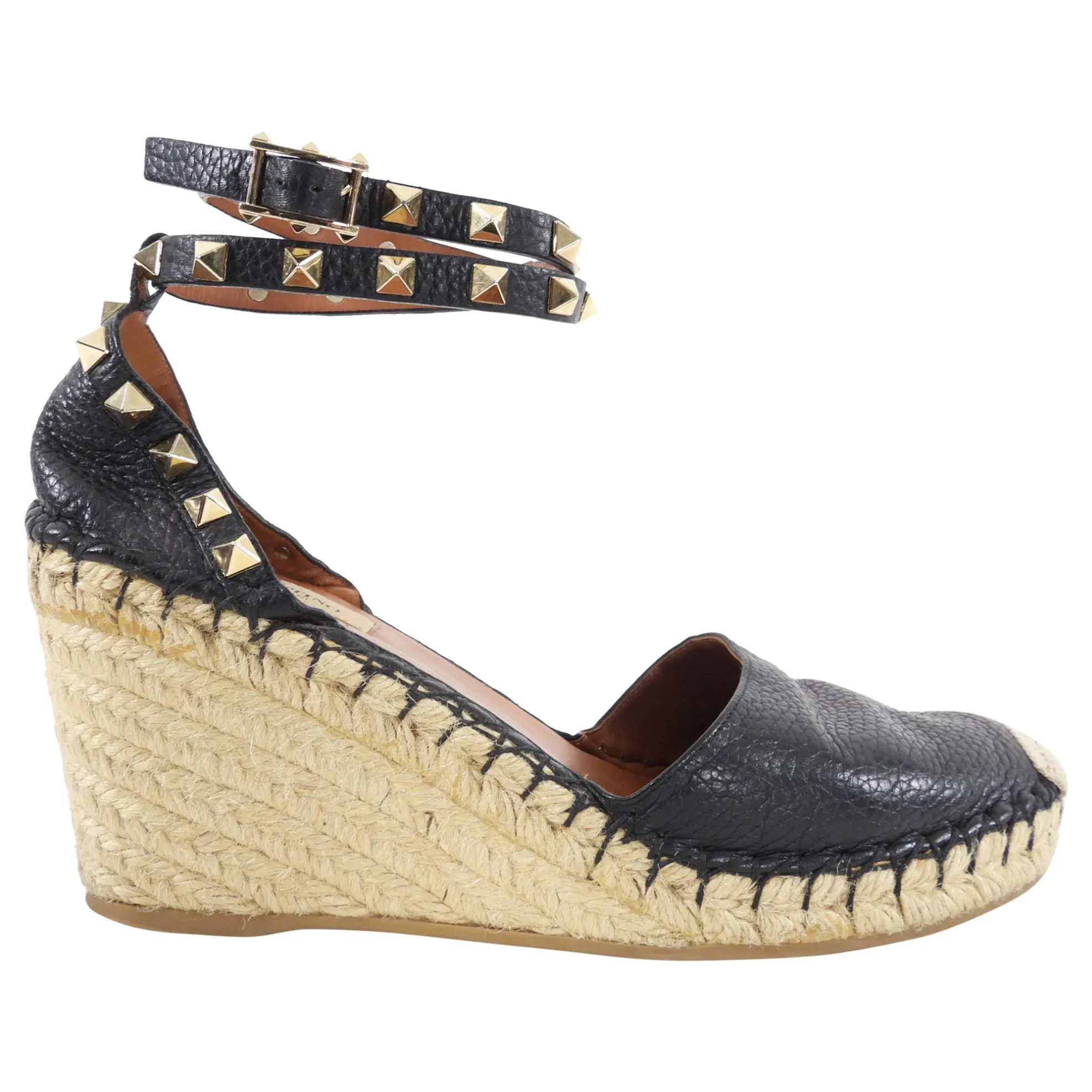 Valentino Black Leather Rock Stud Espadrille Wedge Sandals - 38 / 7.5