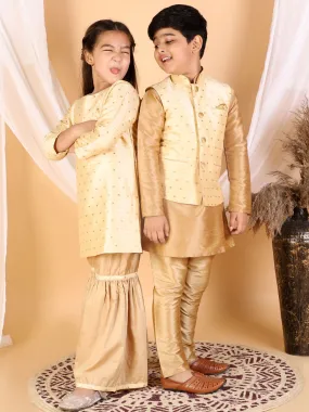 Vastramay Banarasi Gold And Rose Gold Woven Siblings Set