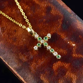 Vintage 14K Gold Diamond Emerald Cross Pendant Necklace