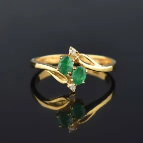 Vintage 14K Gold Emerald Diamond Bypass Ring, Sz 6.25