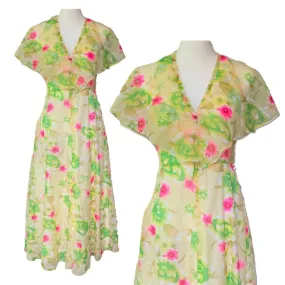 Vintage 1960s Chiffon Floral Maxi Boho Dress with Capelet. Vintage Wedding or Festival Dress