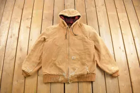 Vintage 1990s Carhartt Hooded Jacket / Paint Splatter / Plaid / 90s Workwear Jacket / Canvas Jacket / Lined / Distressed