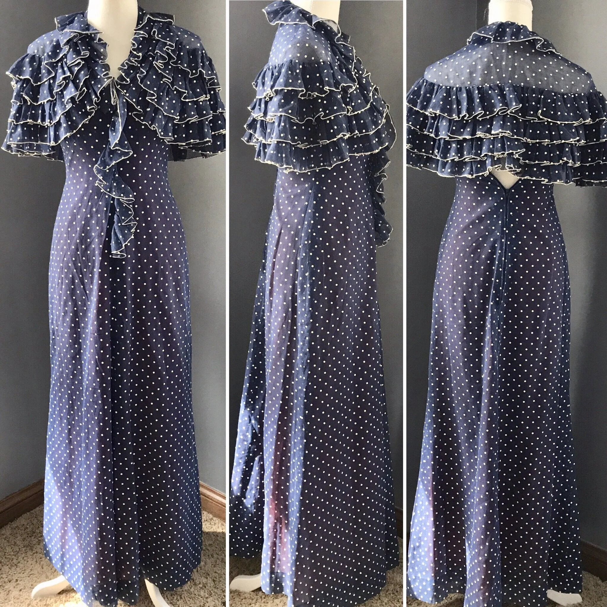 Vintage Polka Dot Sundress and Capelet by Phyllis Sues for Saks Fifth Avenue. Navy Blue and White