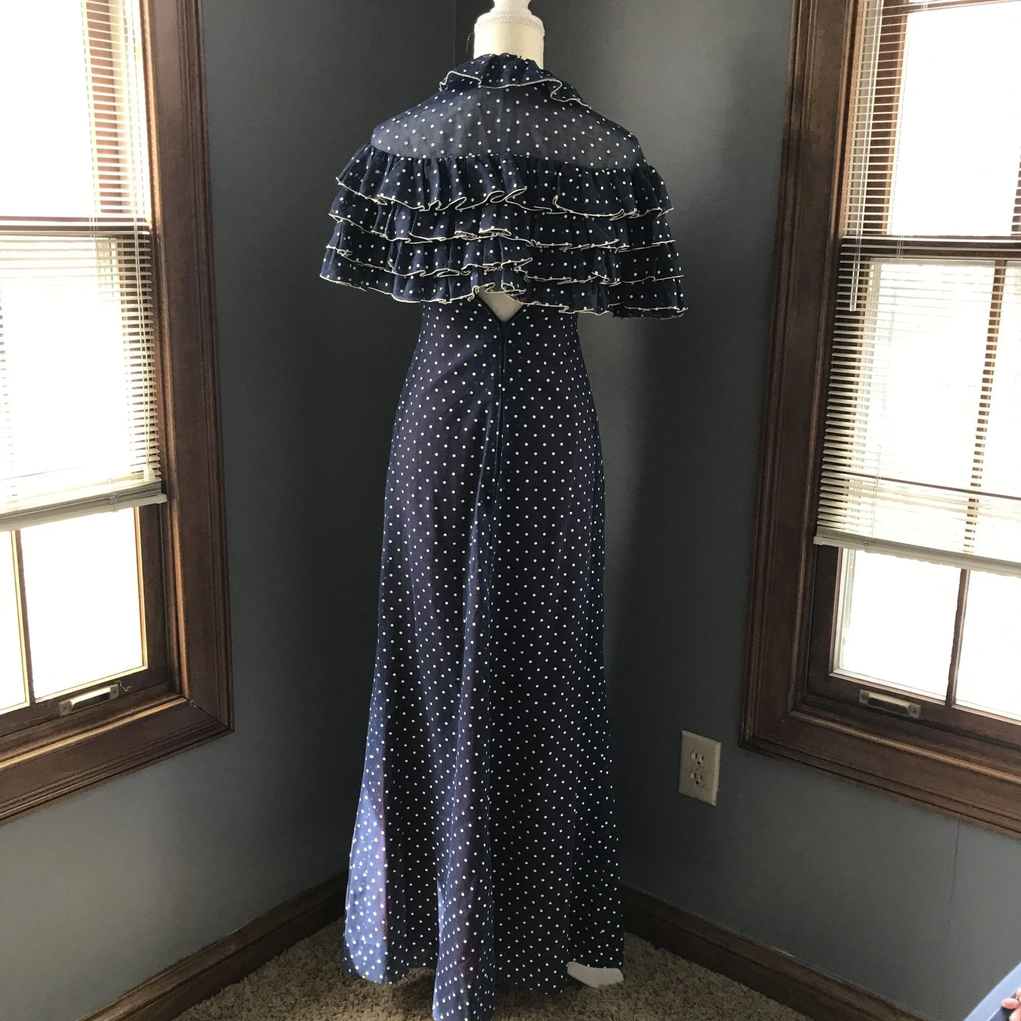 Vintage Polka Dot Sundress and Capelet by Phyllis Sues for Saks Fifth Avenue. Navy Blue and White