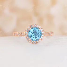 Vintage Swiss Blue Topaz Round Halo Engagement Ring Side Stone Rose Gold