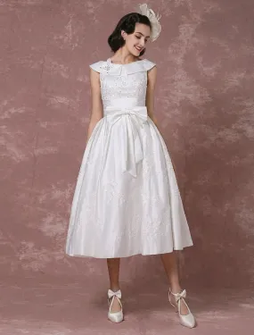 Vintage Wedding Dress Satin Short Bridal Gown Lace Beading Tea Length Reception Bridal Dress Detachable Bow Sash Exclusive