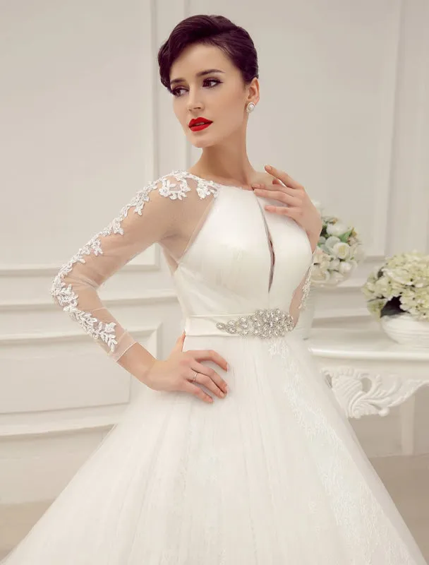 Wedding Dresses Ball Gown Bridal Dress Long Sleeve Lace Applique Beaded Rhinestones Sash Illusion Cutout Wedding Gown With Train Exclusive