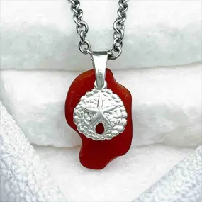 Whimsical Red Sea Glass Pendant with Sand Dollar Charm | 5228