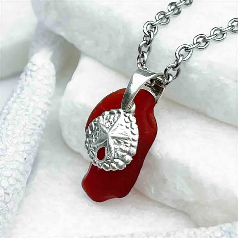 Whimsical Red Sea Glass Pendant with Sand Dollar Charm | 5228