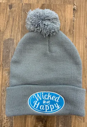 Wicked Happy - Grey Pom Pom Beanie with Light Blue Logo