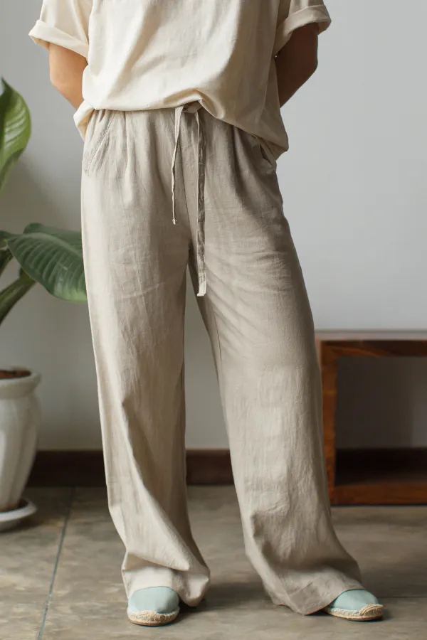 Wide Leg Linen Drawstring Pants | Stone