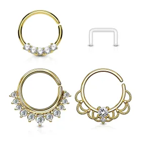 WILDKLASS 3 Pcs Value Pack Assorted Half Circle Bendable Nose Septum and Ear Cartilage Hoops with Free Clear Retainer