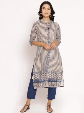 Women Beige Navy Stripe Printed Kurta