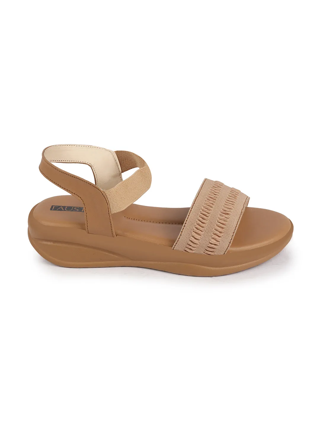 Women Camel Open Toe Platform Woven Design Slip On Sandals