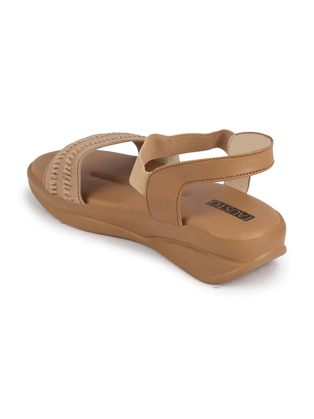 Women Camel Open Toe Platform Woven Design Slip On Sandals