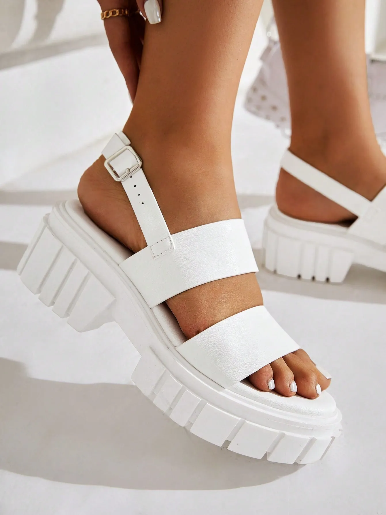 Women Double Strap Slingback Sandals, Fashion White Wedge Sandals