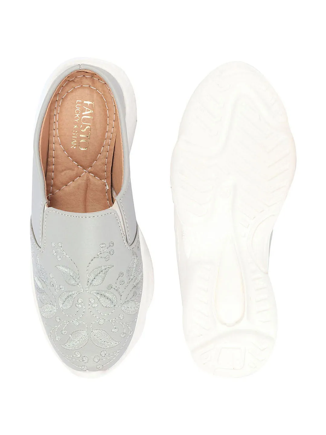 Women Grey Leaf Print Embroidery Design Back Open Slip On Mules Shoes