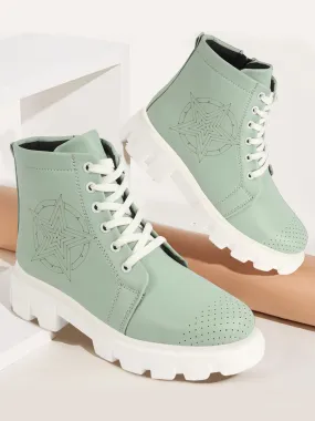 Women Pista Green Outdoor Winter High Top Chunky Lace Up Casual Boots