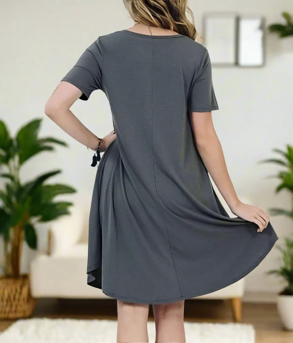 Womens Casual Pocket Dress, Short Sleeve Dress,  Sizes S/M/L, Solid Gray