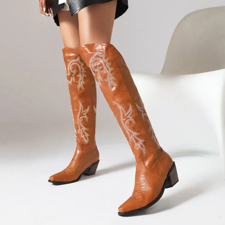 Women's Cowboy Pointed Toe Beveled Heel Embroidery Knee High Western Boots