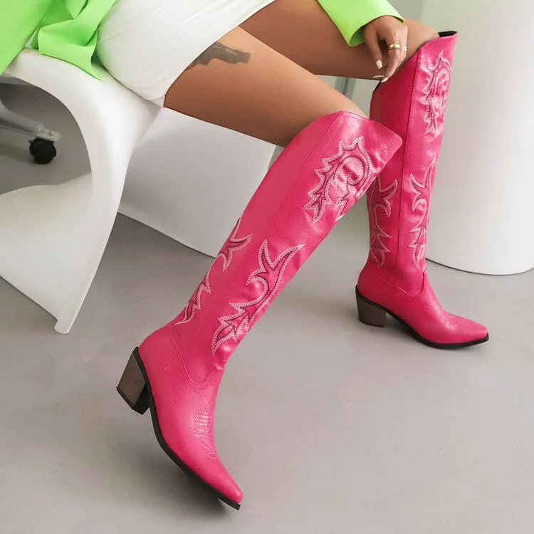 Women's Cowboy Pointed Toe Beveled Heel Embroidery Knee High Western Boots