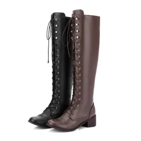 Women's Crossed Lace Up Puppy Heel Knee High Boots