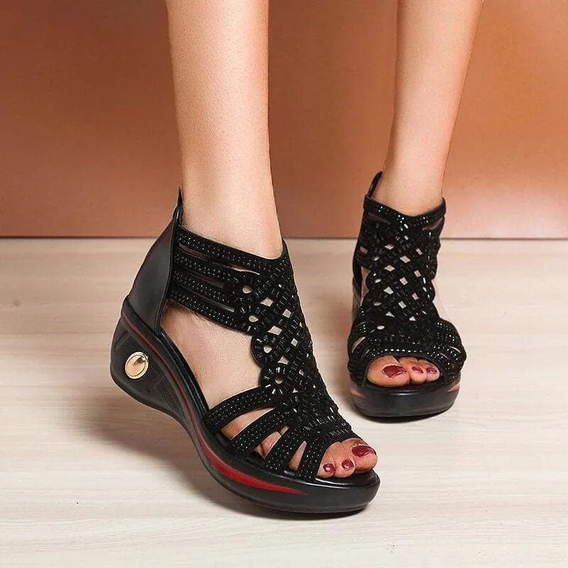 Women's Elegant Daily Rhinestone Hollow-out Wedge Sandals