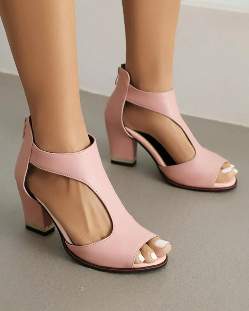 Women's Elegant Peep Toe Zipper Block Heel Sandals