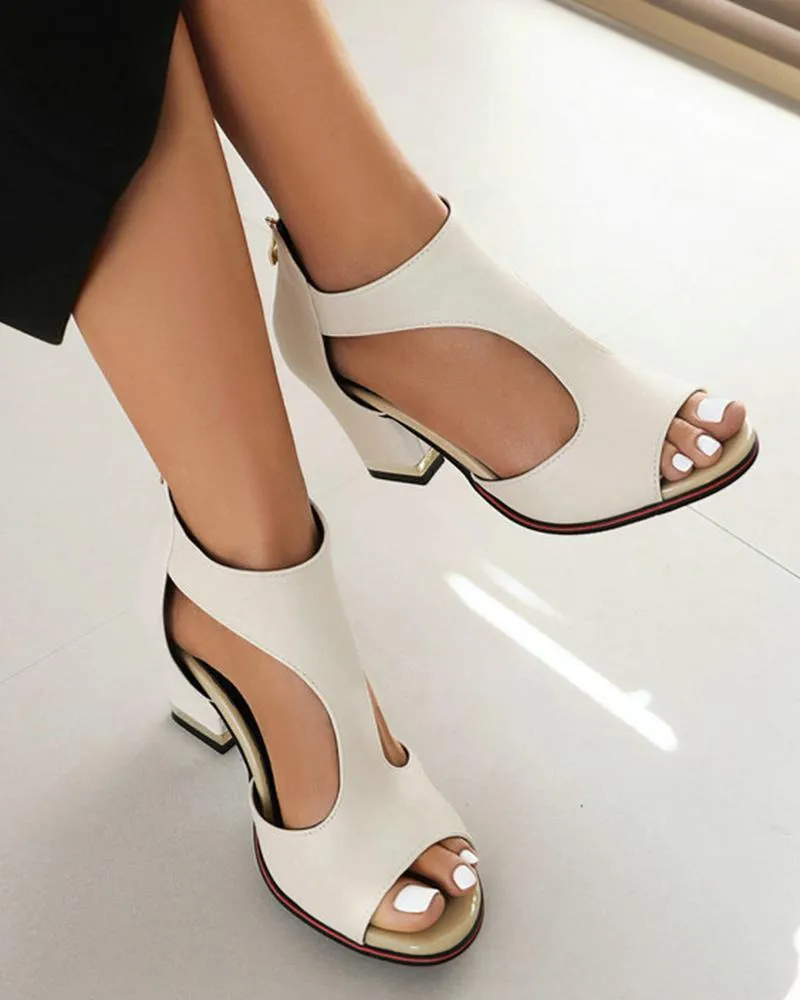 Women's Elegant Peep Toe Zipper Block Heel Sandals