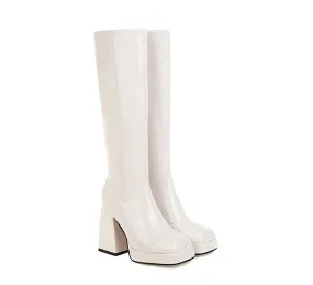 Women's Glossy Square Toe Chunky Heel Platform Knee-High Boots