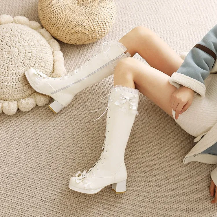 Women's Lace Bows Block Heel Platform Knee-High Boots