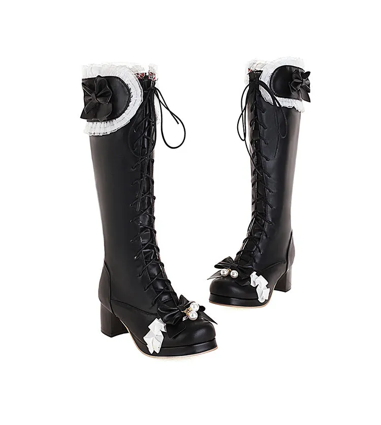 Women's Lace Bows Block Heel Platform Knee-High Boots