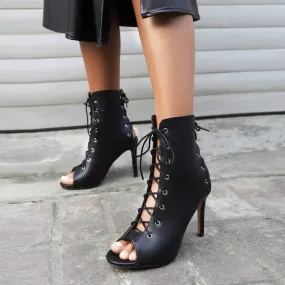 Women's Peep Toe Lace-Up Round Toe Stiletto Heel Ankle Boots