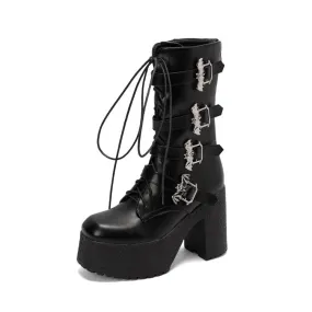 Women's Pu Leather Round Toe Lace Up Buckle Straps Block Chunky Heel Platform Mid-calf Boots