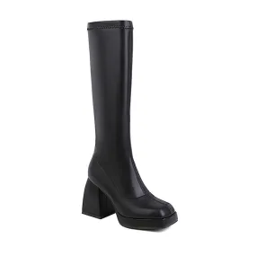 Women's Pu Leather Square Toe Block Chunky Heel Platform Knee High Boots