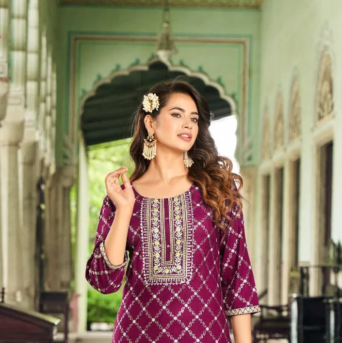 Wonderful Violet Colored Classy Rayon Foil Print With Embroidery Work Kurti For Women