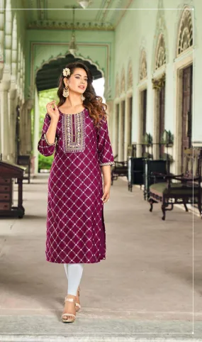 Wonderful Violet Colored Classy Rayon Foil Print With Embroidery Work Kurti For Women