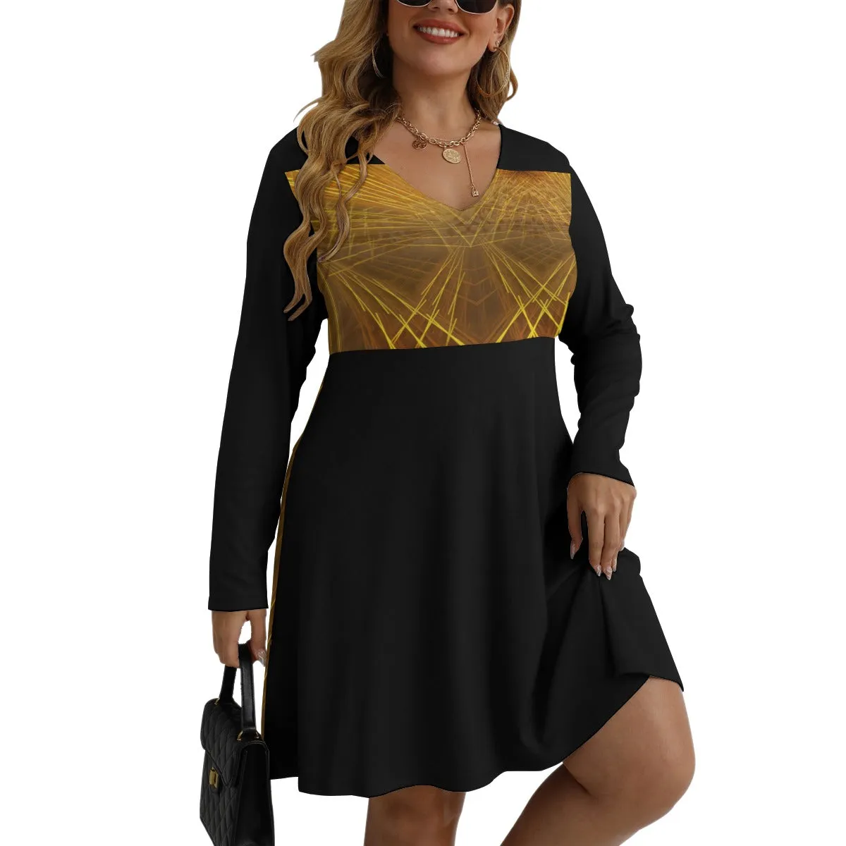 Yahuah-Tree of Life 02-03 Voltage Designer V-neck Long Sleeve Flared Plus Size Mini Dress