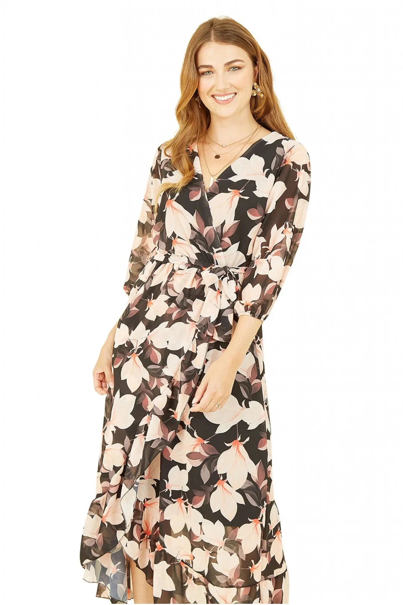 Yumi Black Blossom Wrap Midi Dress With 3/4 Sleeves