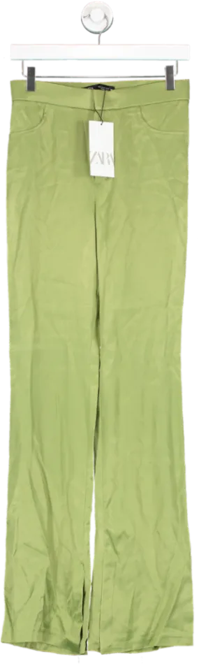 ZARA Green Satin Flared Trousers UK S